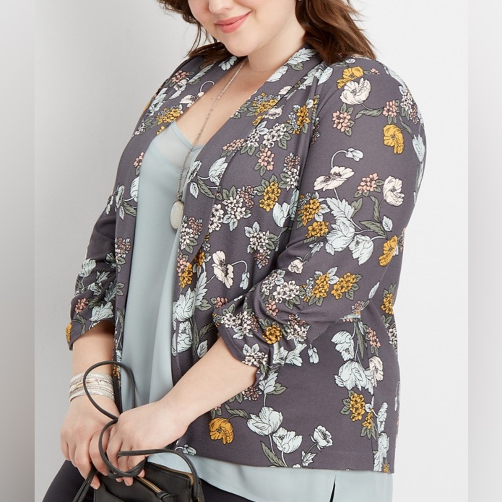 Maurices Floral Open Front Blazer - Gray with Yellow and White Accents